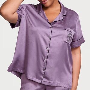 Victoria’s Secret Silky Style Button Up Pajama Shirt Purple Polka Dot